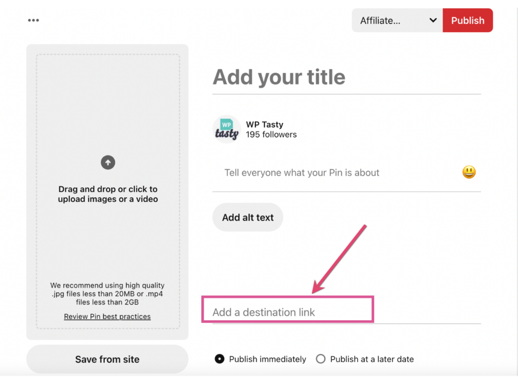 Add Amazon affiliate links on Pinterest using the destination link field in Pin. 