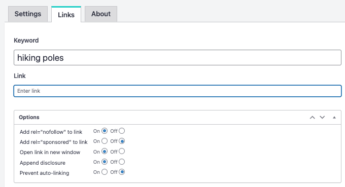 an example of creating a new Tasty Link for hiking poles