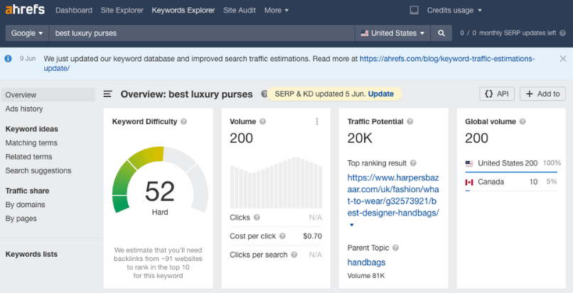 Ahrefs dashboard for best luxury purses