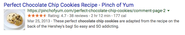 Rich snippet recipes: screenshot of Pinch of Yum's Perfect Chocolate Chip Cookie