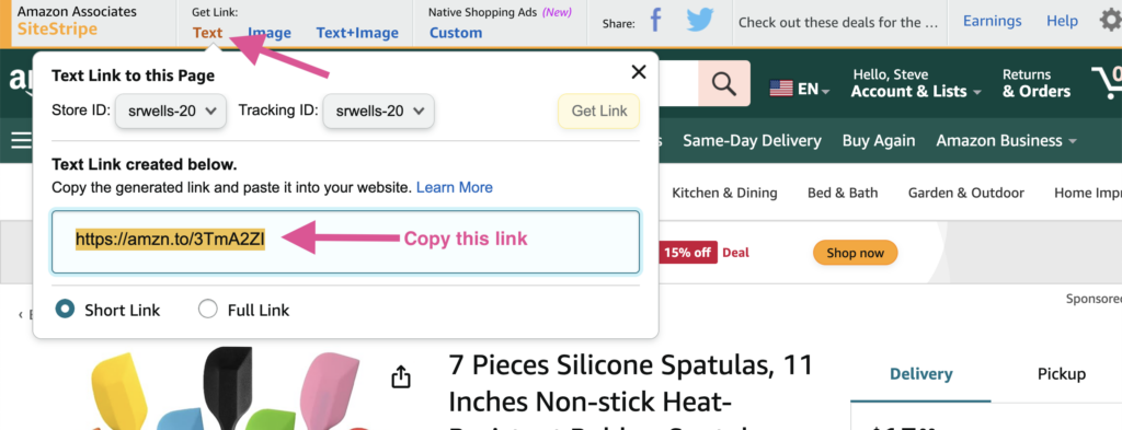 A photo showing how to get the Amazon Associates SiteStripe text link
