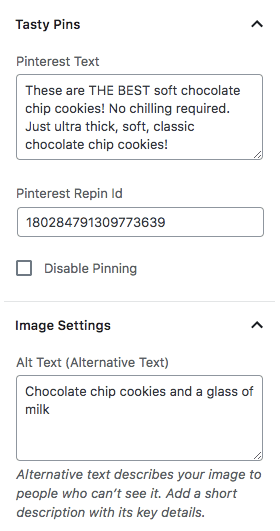 The Tasty Pins settings for an image in the WordPress block editor, including Pinterest Text, Repin ID, and Disable Pinning