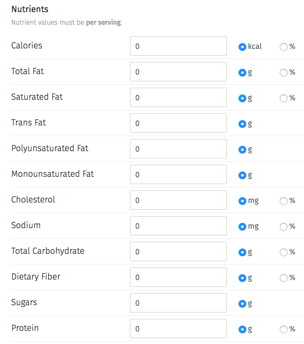 Screenshot of custom ingredient form in Nutrifox