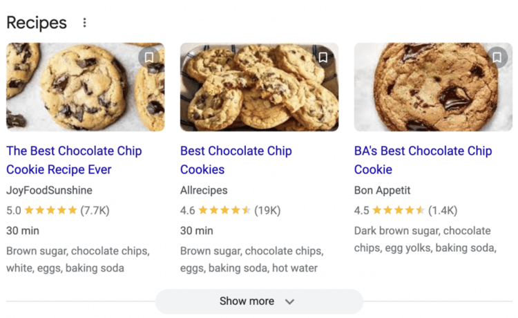 Recipe search results on Google