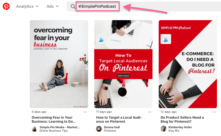 Hashtag search in the Pinterest search bar