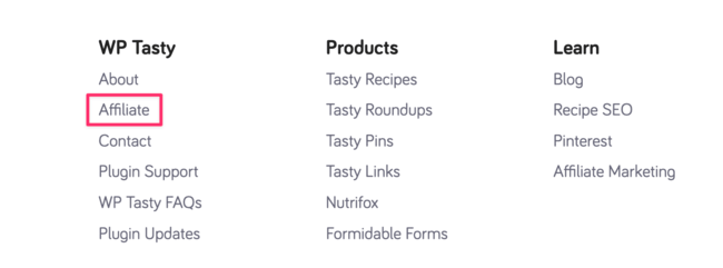 WPTasty affiliate link in website footer