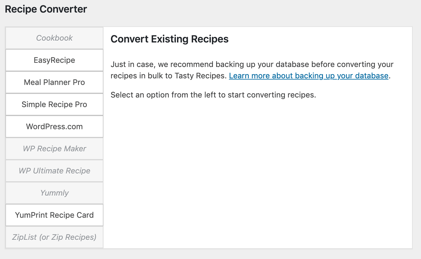 Tasty Recipes recipe converter UI