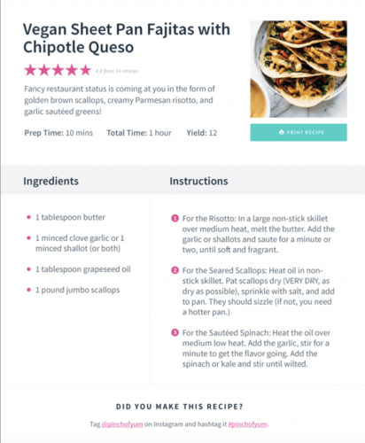 An example recipe card for Vegan Sheet Pan Fajitas with Chipotle Queso