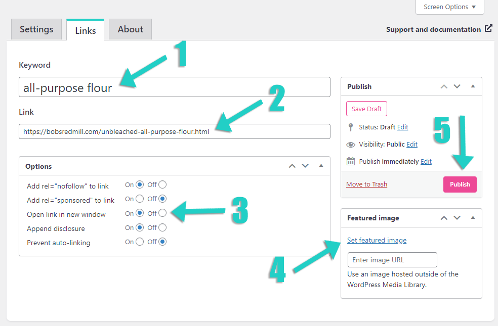 Add your keyword, link, and check out your link attribute options. Don't forget to hit 'publish!'