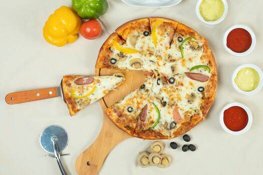 an overhead shot of a pizza