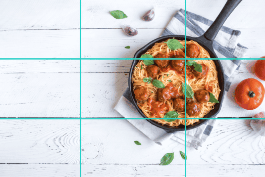 a photo showing a bowl of pasta off-centered on the rule of thirds grid