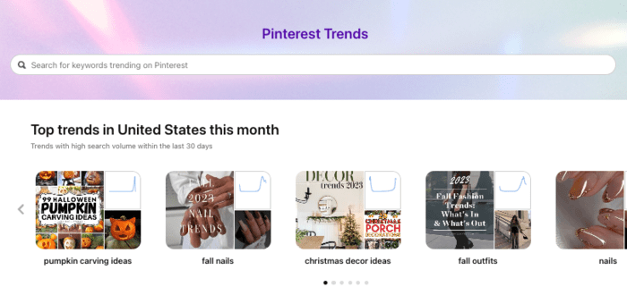 screen shot of Pinterest Trends page