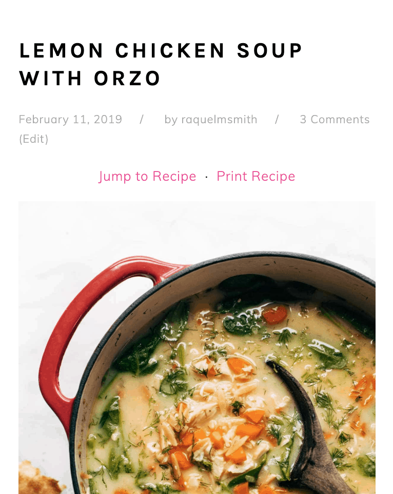 Screenshot showing a Jump to Recipe and a Print Recipe button at the top of a post that includes a Tasty Recipe