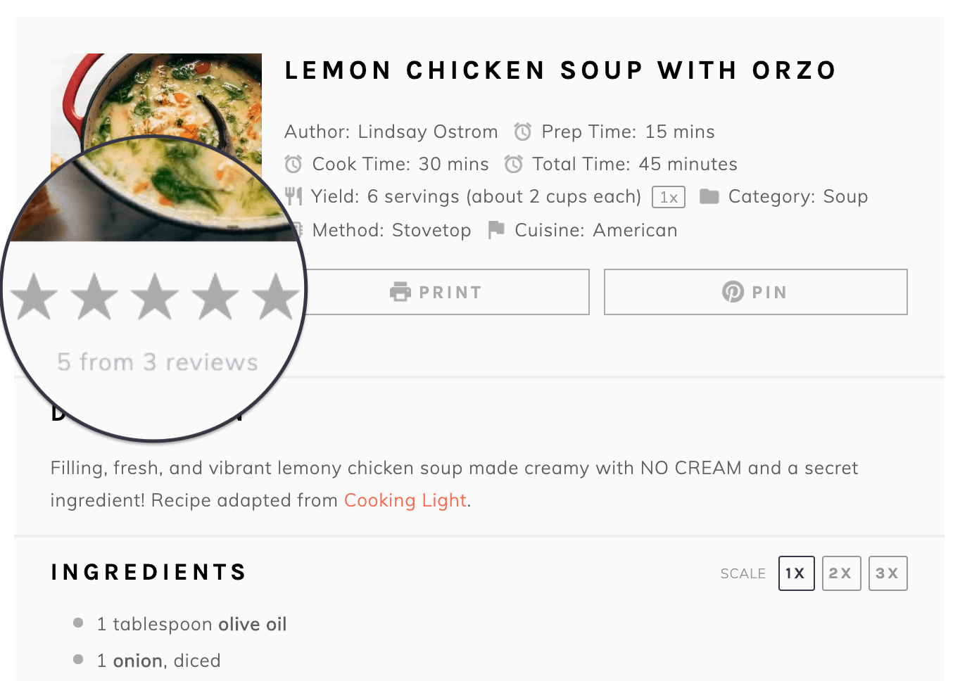 Screenshot of a Tasty Recipe showing a 5 star rating from 3 reviews