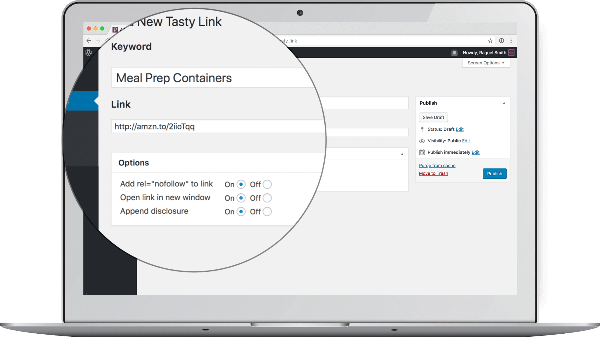 Screenshot of the Tasty Links edit screen, with fields for keyword, url, and options for nofollow, new window, and disclosure